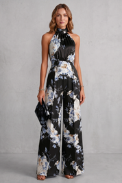 Philippa Hartwell | Romantic Floral Print Halter Jumpsuit in Gold Satin