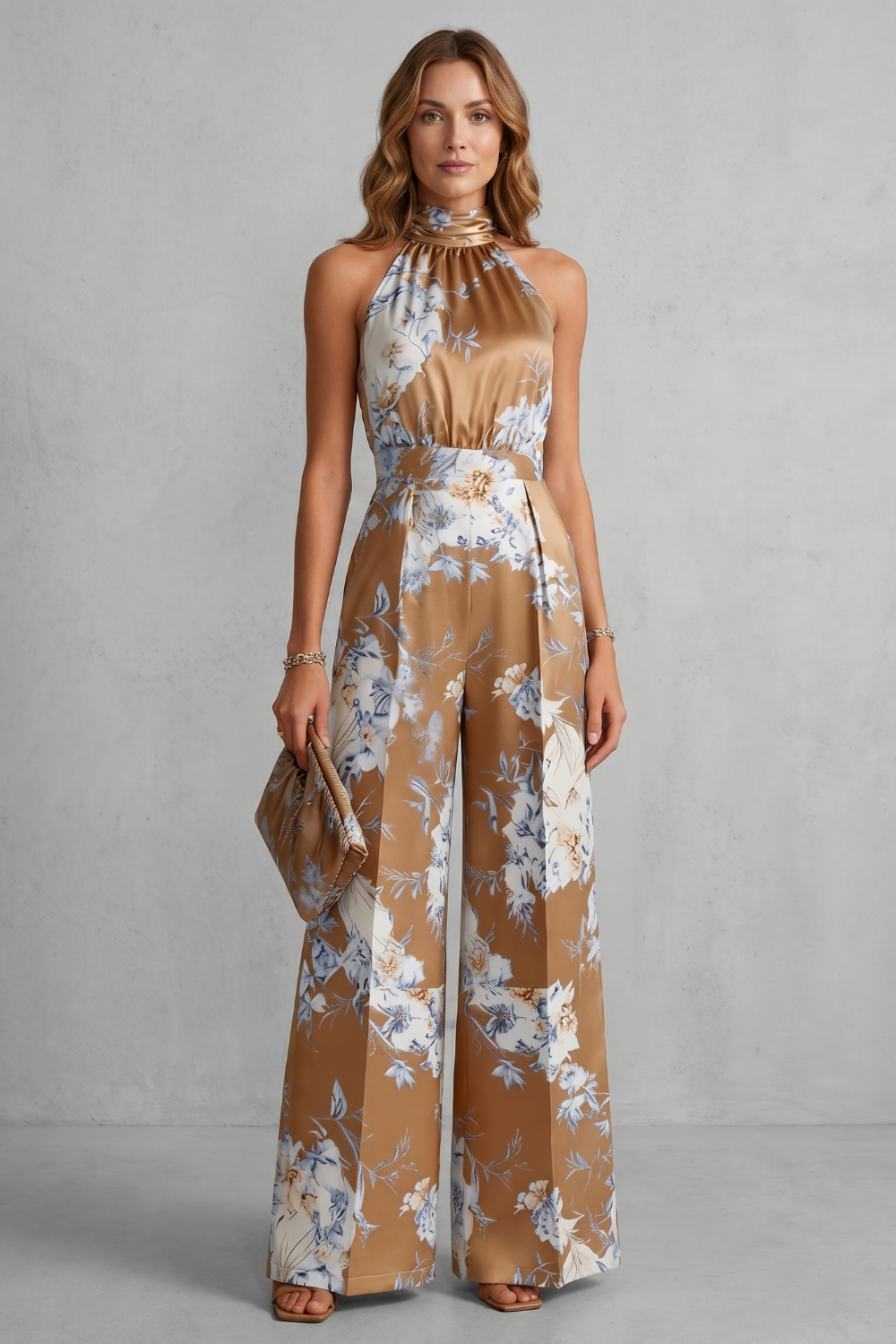 Philippa Hartwell | Romantic Floral Print Halter Jumpsuit in Gold Satin