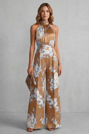 Philippa Hartwell | Romantic Floral Print Halter Jumpsuit in Gold Satin