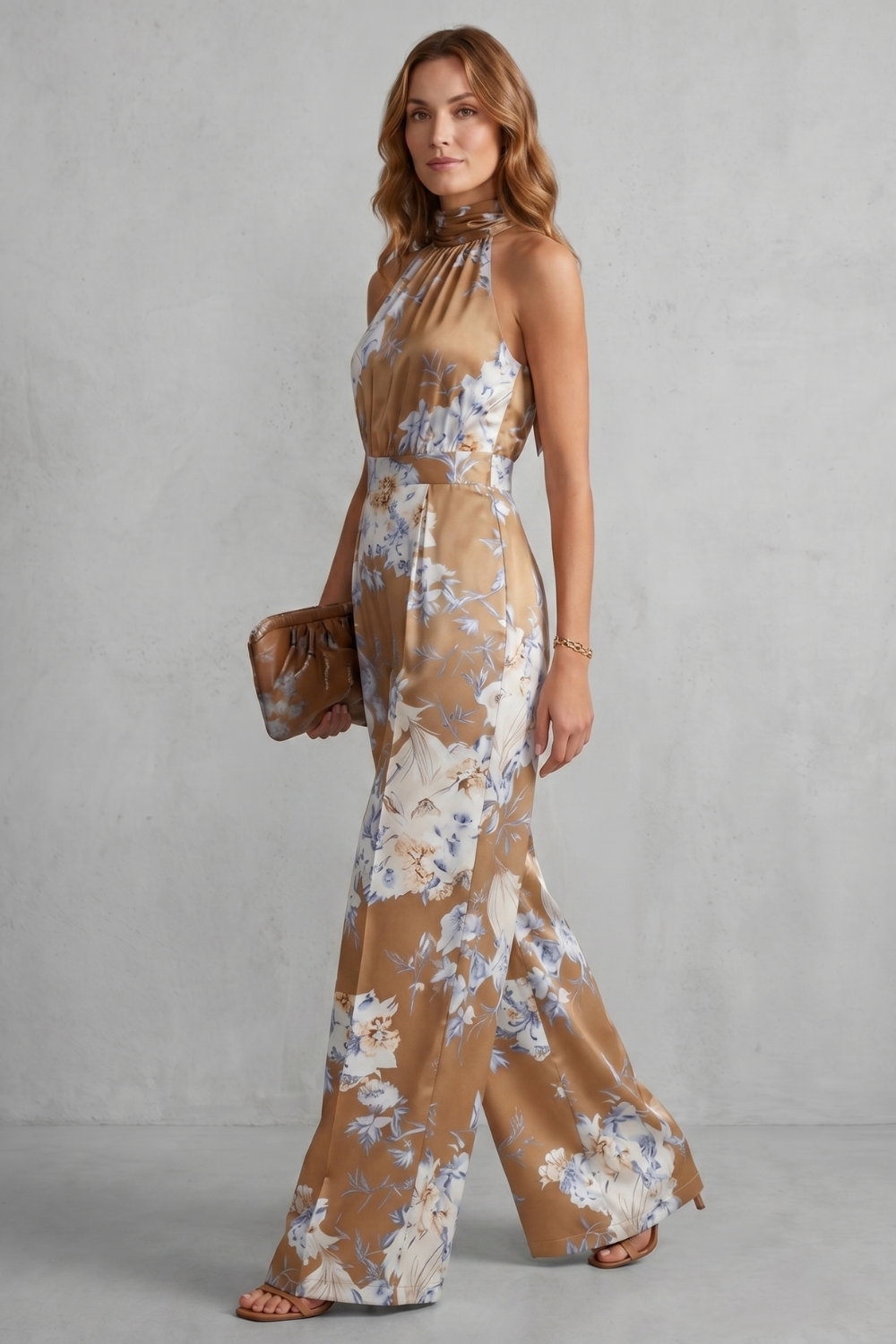 Philippa Hartwell | Romantic Floral Print Halter Jumpsuit in Gold Satin