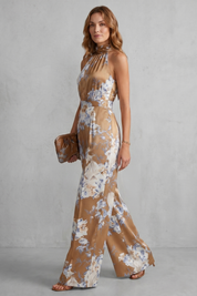 Philippa Hartwell | Romantic Floral Print Halter Jumpsuit in Gold Satin