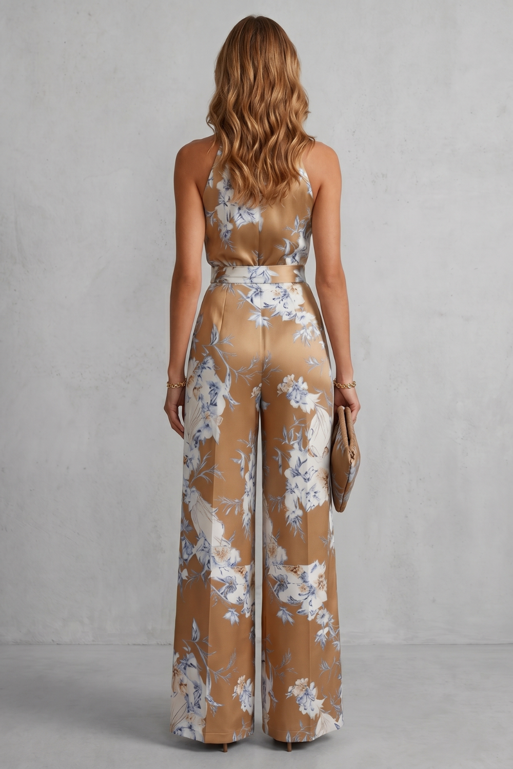 Philippa Hartwell | Romantic Floral Print Halter Jumpsuit in Gold Satin