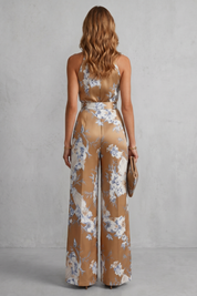 Philippa Hartwell | Romantic Floral Print Halter Jumpsuit in Gold Satin