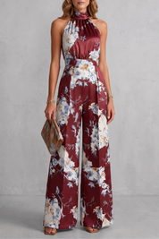 Philippa Hartwell | Romantic Floral Print Halter Jumpsuit in Gold Satin