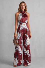 Philippa Hartwell | Romantic Floral Print Halter Jumpsuit in Gold Satin
