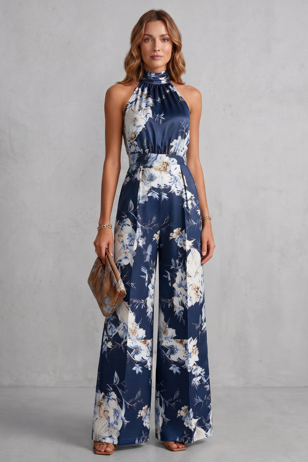 Philippa Hartwell | Romantic Floral Print Halter Jumpsuit in Gold Satin