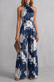 Philippa Hartwell | Romantic Floral Print Halter Jumpsuit in Gold Satin