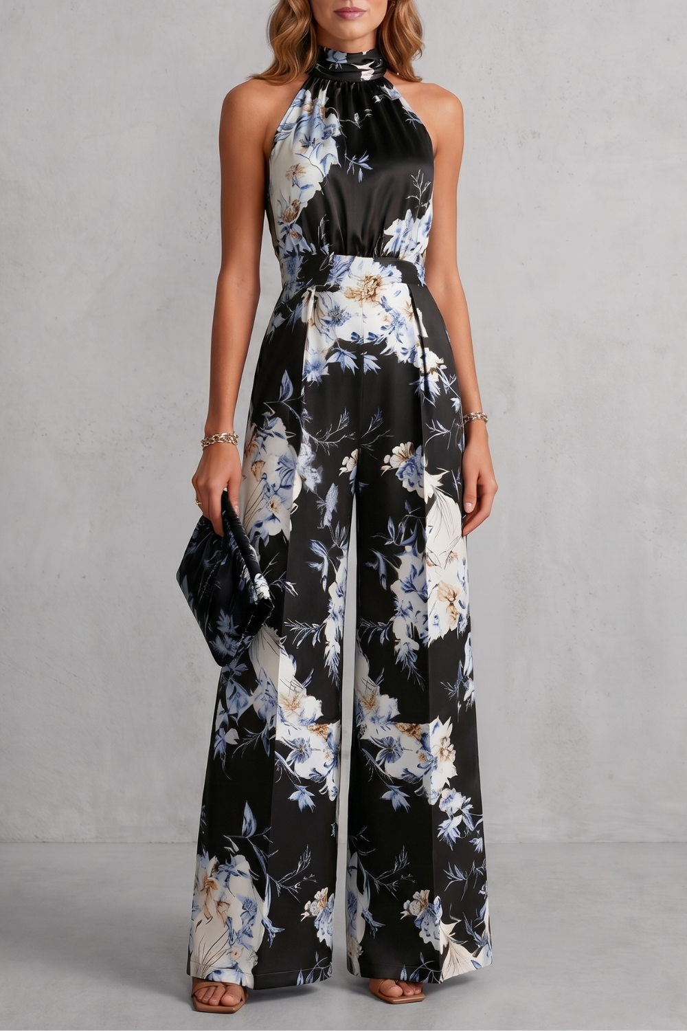 Philippa Hartwell | Romantic Floral Print Halter Jumpsuit in Gold Satin