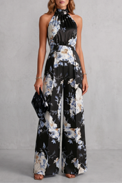 Philippa Hartwell | Romantic Floral Print Halter Jumpsuit in Gold Satin