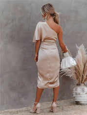 Ava Martin | One-Shoulder Satin Draped Dress