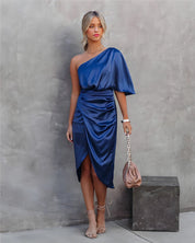Ava Martin | One-Shoulder Satin Draped Dress