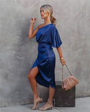 Ava Martin | One-Shoulder Satin Draped Dress