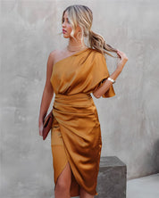 Ava Martin | One-Shoulder Satin Draped Dress