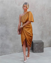 Ava Martin | One-Shoulder Satin Draped Dress