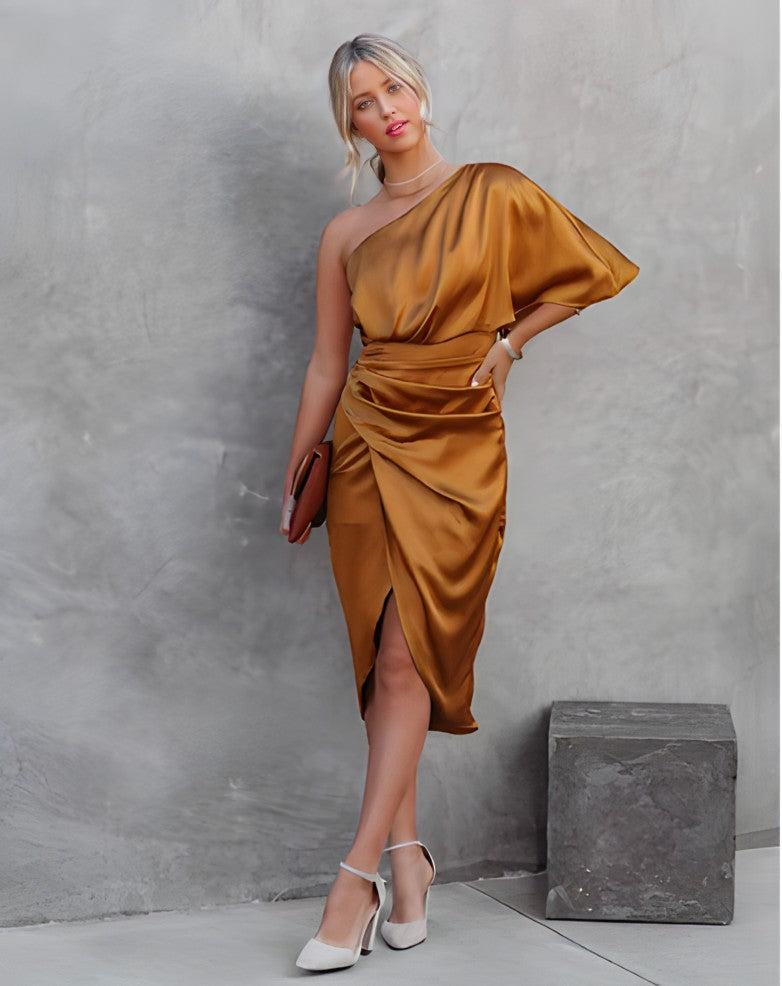 Ava Martin | One-Shoulder Satin Draped Dress