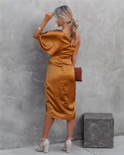 Ava Martin | One-Shoulder Satin Draped Dress