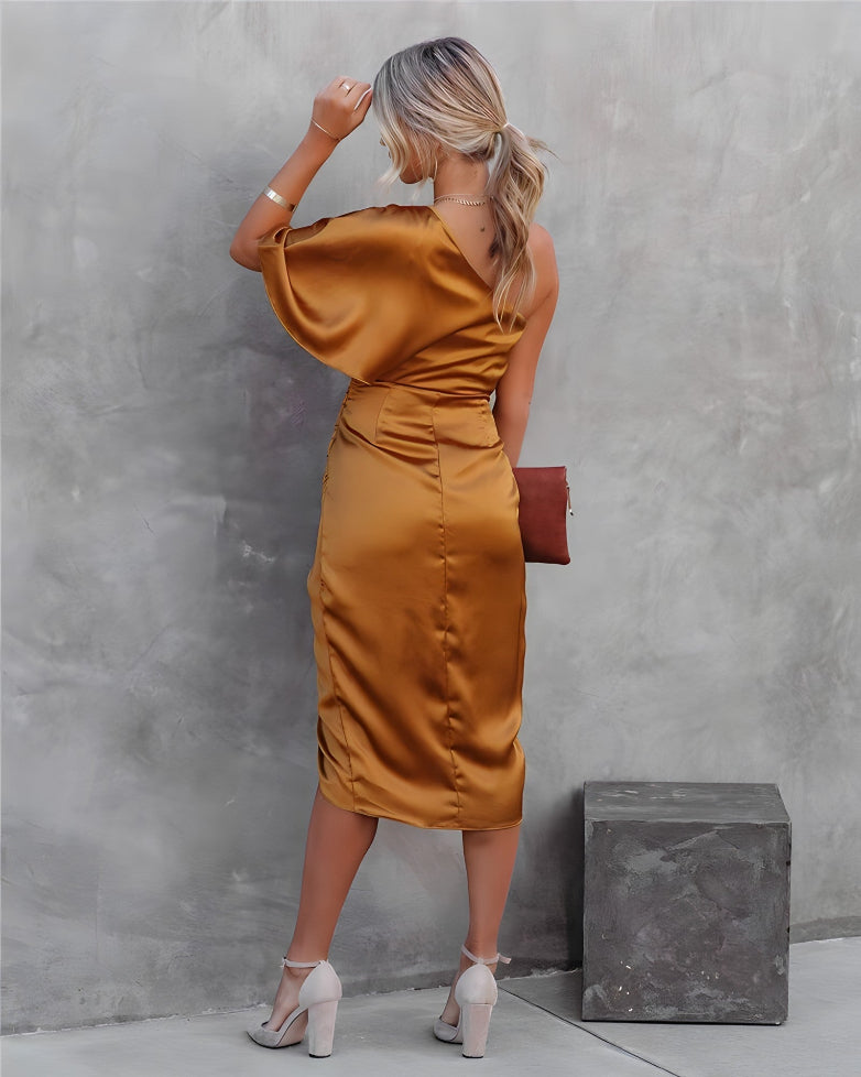 Ava Martin | One-Shoulder Satin Draped Dress