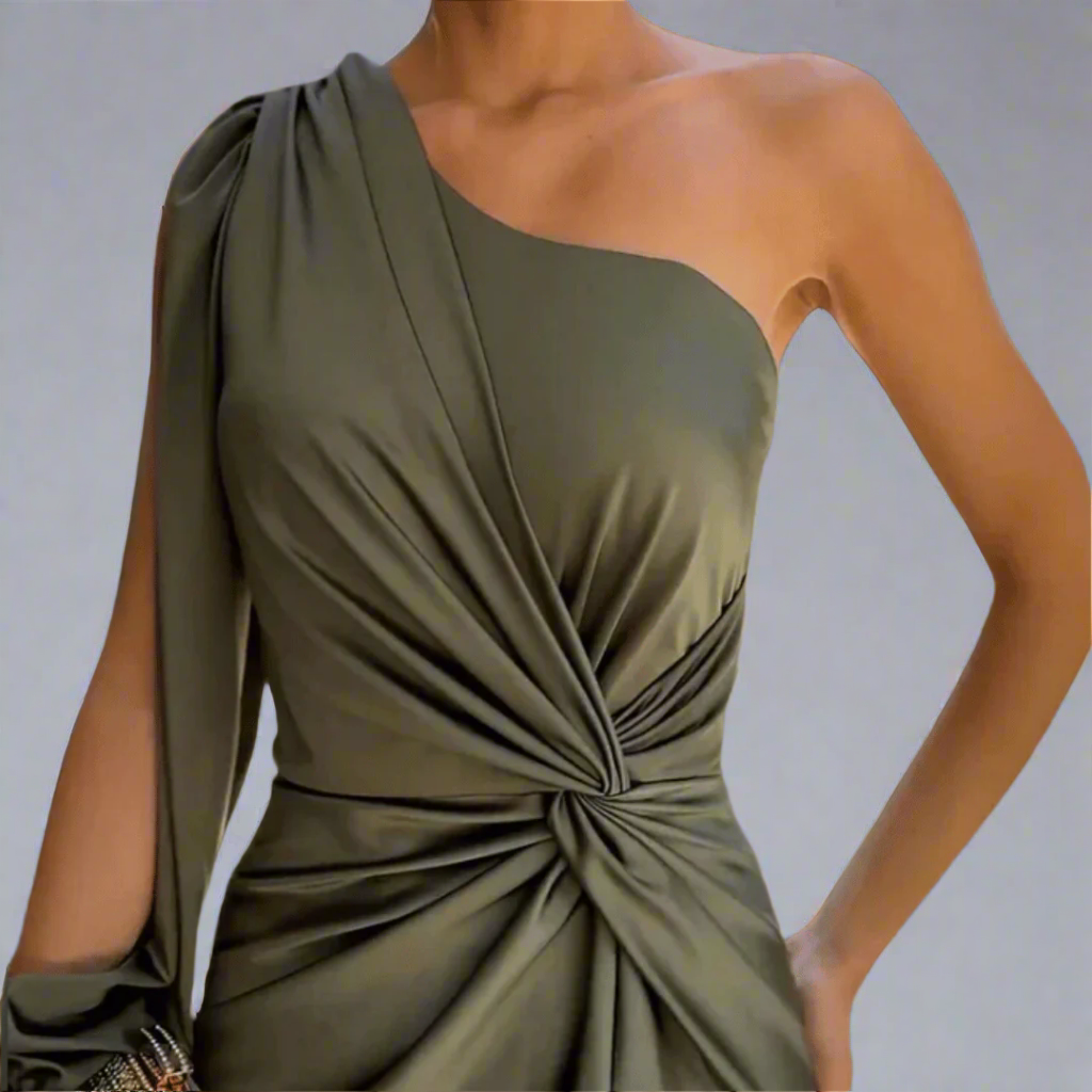 Ava Moreau | Green One-Shoulder Twist Maxi Dress
