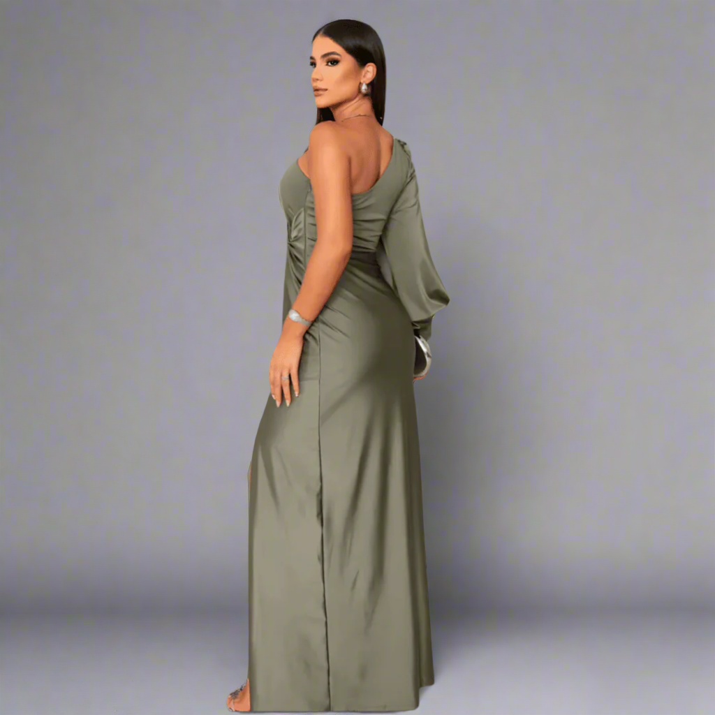 Ava Moreau | Green One-Shoulder Twist Maxi Dress