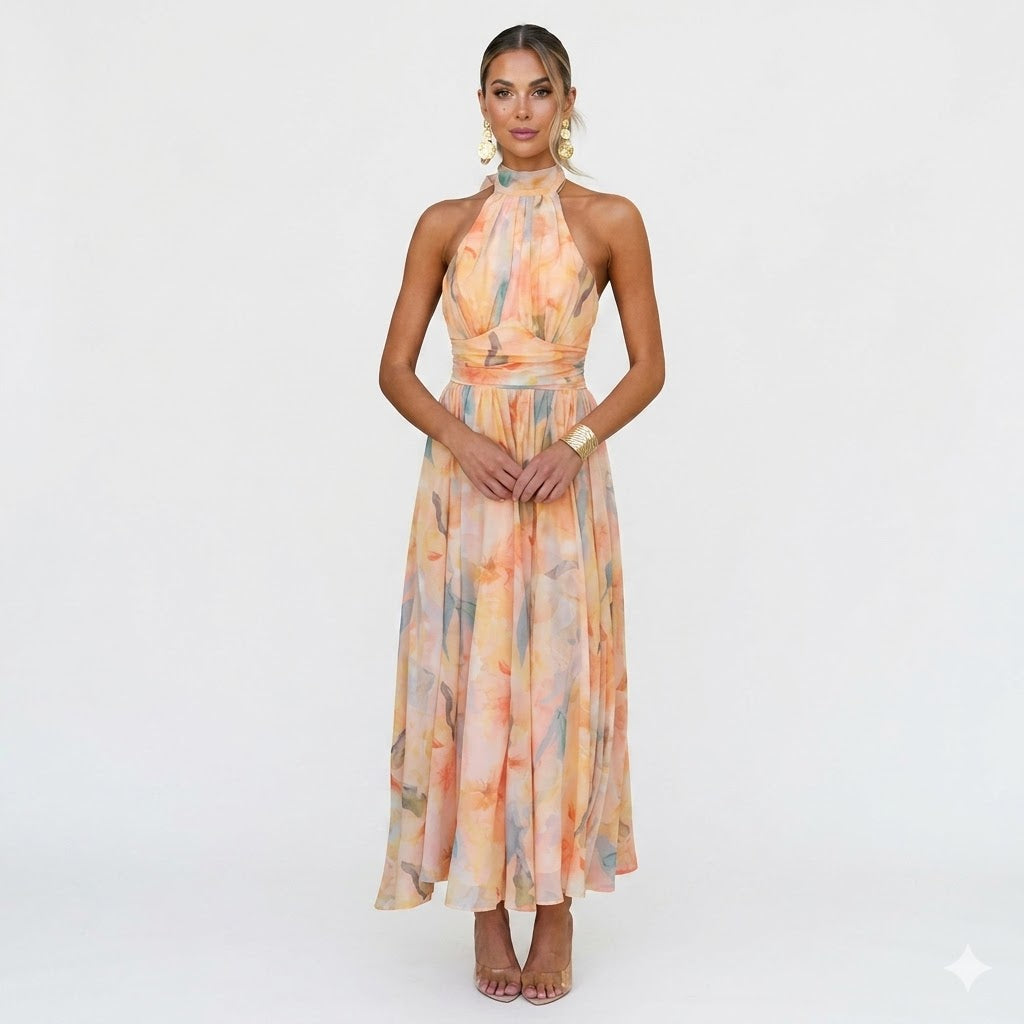 Aveline Dubois | Watercolor Print Peach Halter Maxi Dress