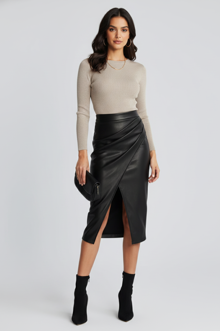 Rosamund Fairclough | Faux Leather Pleated Midi Skirt With Front Split