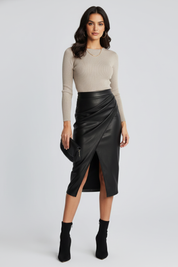 Rosamund Fairclough | Faux Leather Pleated Midi Skirt With Front Split