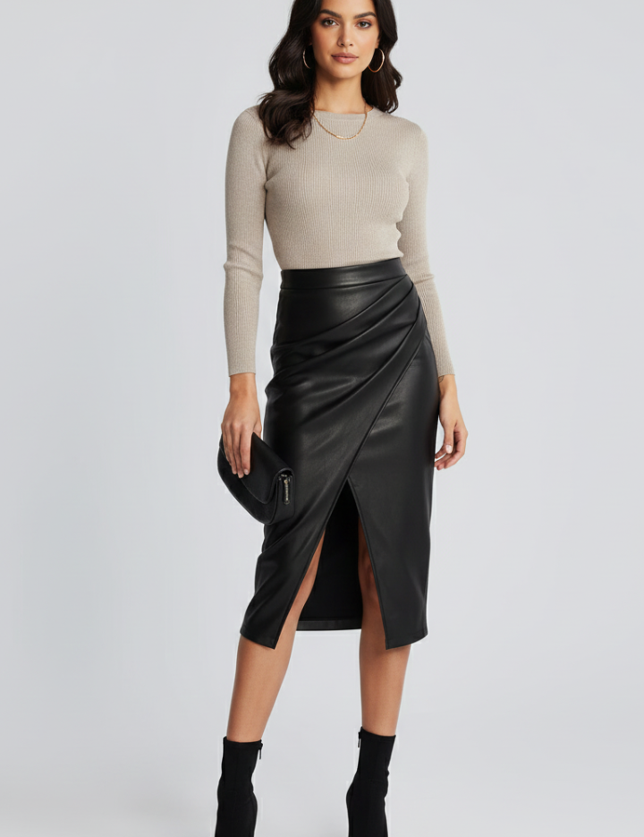 Rosamund Fairclough | Faux Leather Pleated Midi Skirt With Front Split
