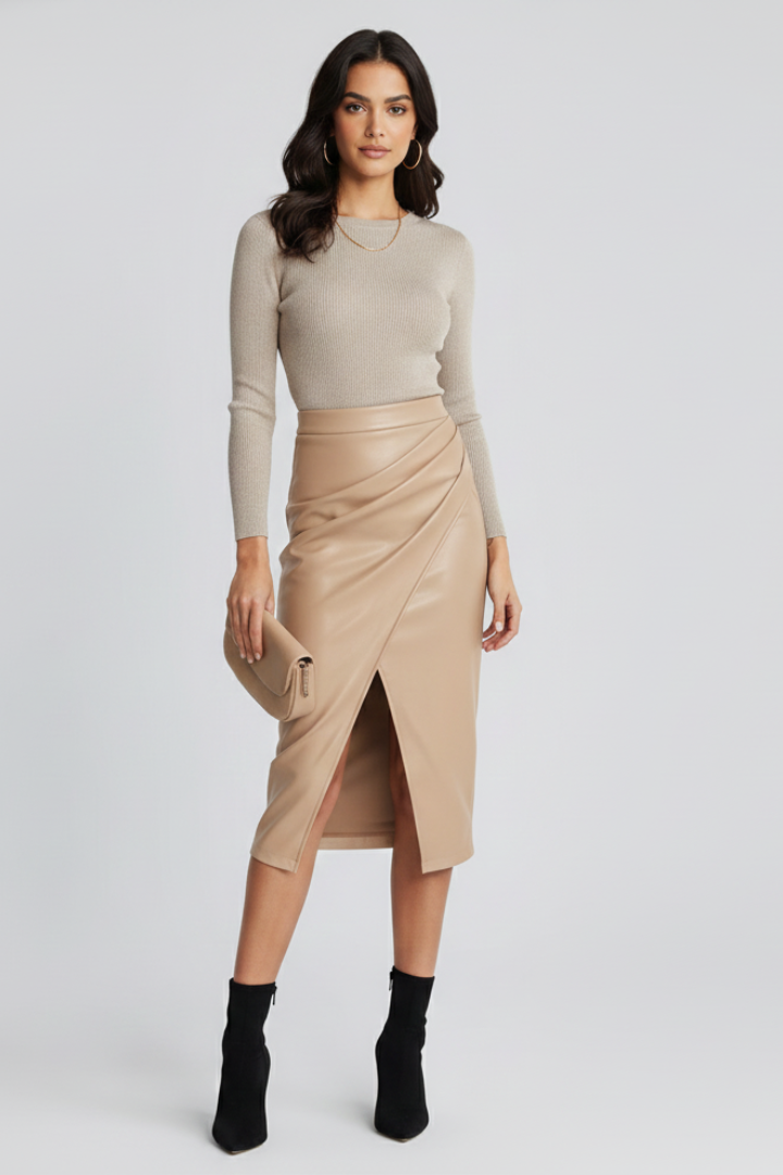 Rosamund Fairclough | Faux Leather Pleated Midi Skirt With Front Split