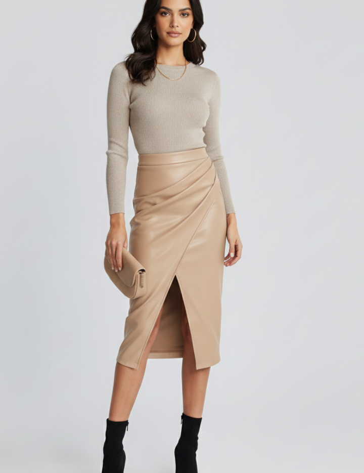 Rosamund Fairclough | Faux Leather Pleated Midi Skirt With Front Split