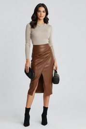 Rosamund Fairclough | Faux Leather Pleated Midi Skirt With Front Split