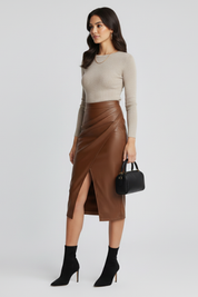Rosamund Fairclough | Faux Leather Pleated Midi Skirt With Front Split