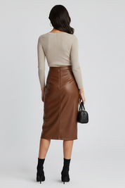 Rosamund Fairclough | Faux Leather Pleated Midi Skirt With Front Split
