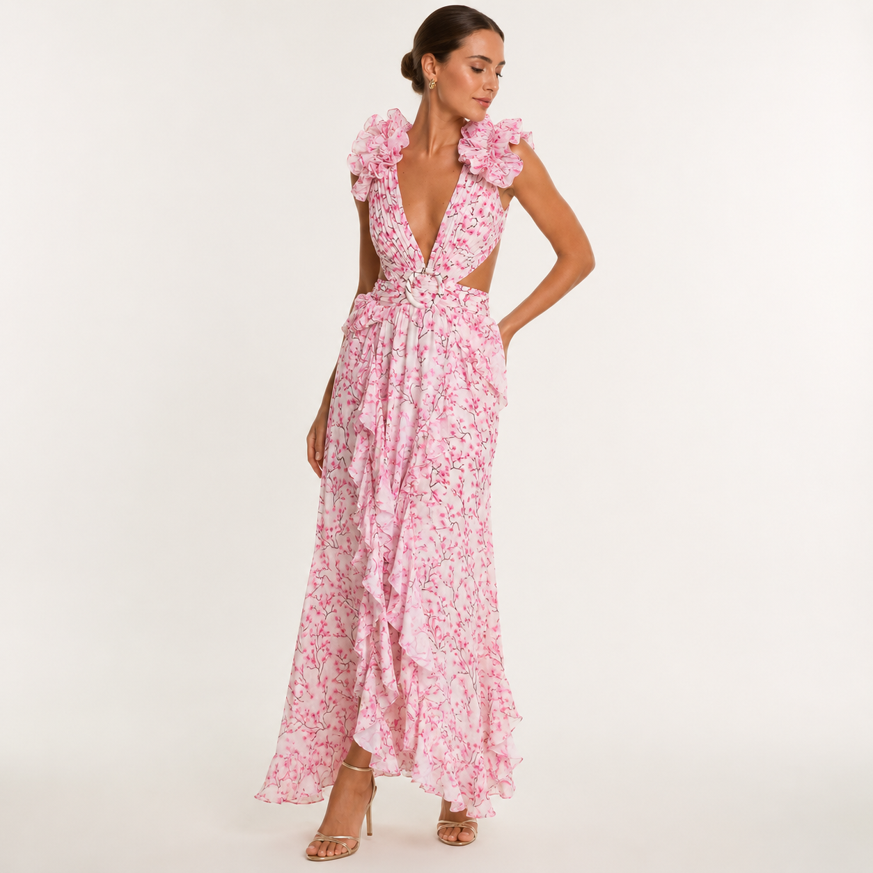 Bianca Whitmore | Deep V Ruffled Floral Backless Maxi Dress