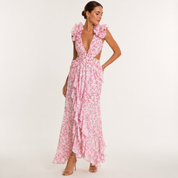 Bianca Whitmore | Deep V Ruffled Floral Backless Maxi Dress
