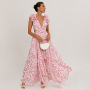 Bianca Whitmore | Deep V Ruffled Floral Backless Maxi Dress