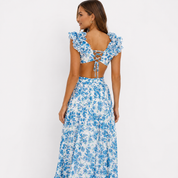 Bianca Whitmore | Deep V Ruffled Floral Backless Maxi Dress