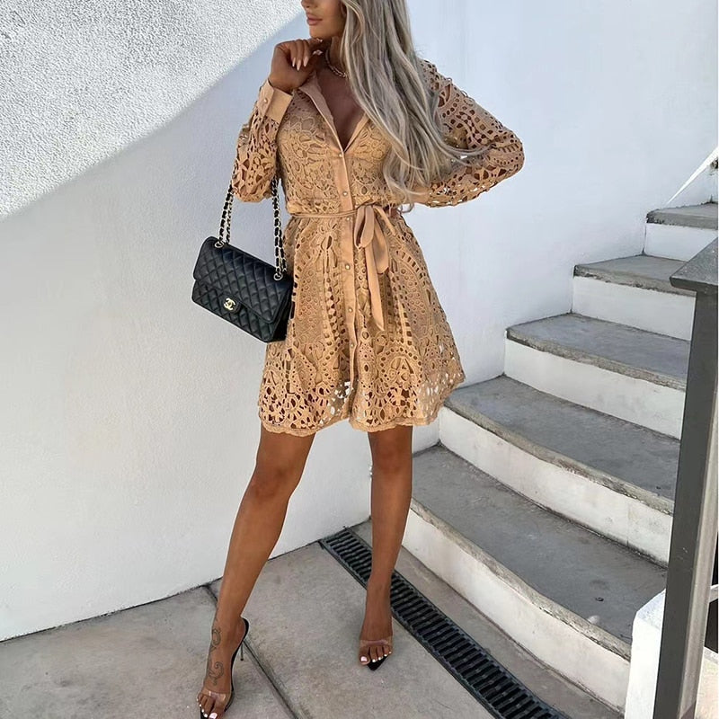 Amelia Dawson | Hollow-Out Lace Mini Dress with Tie Waist