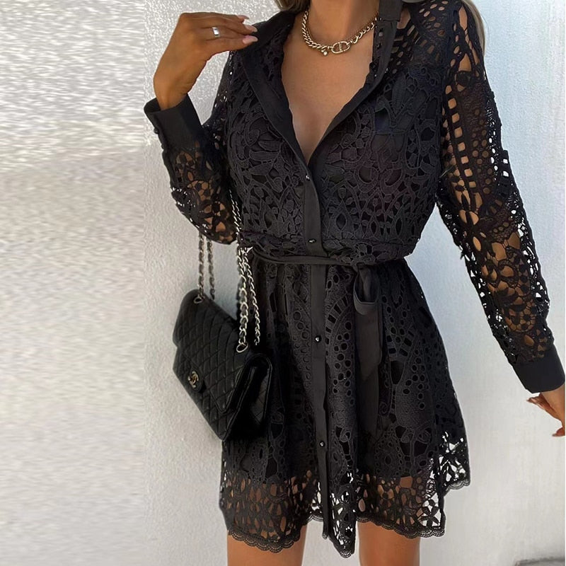 Amelia Dawson | Hollow-Out Lace Mini Dress with Tie Waist