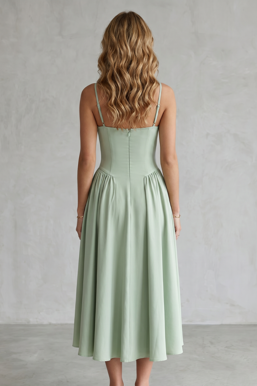 Eleanor Whitfield | Sage Green Corset Midi Dress – Structured Pleated