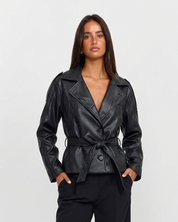 Camille Rousseau | Chic Faux Leather Belted Jacket For Women