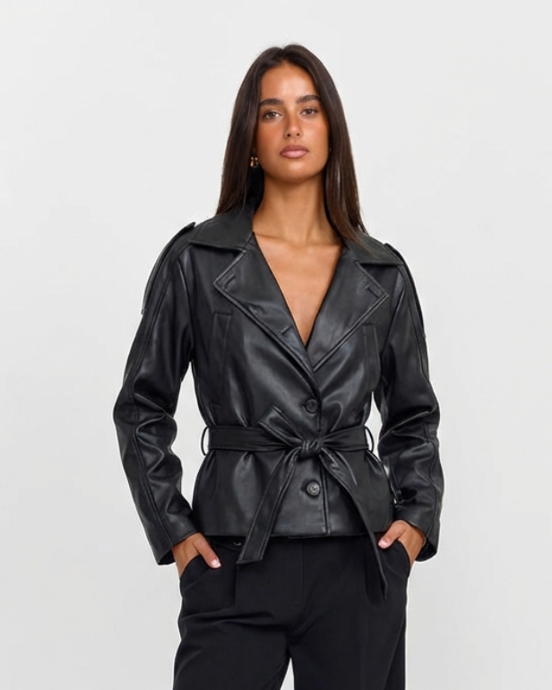 Camille Rousseau | Chic Faux Leather Belted Jacket For Women