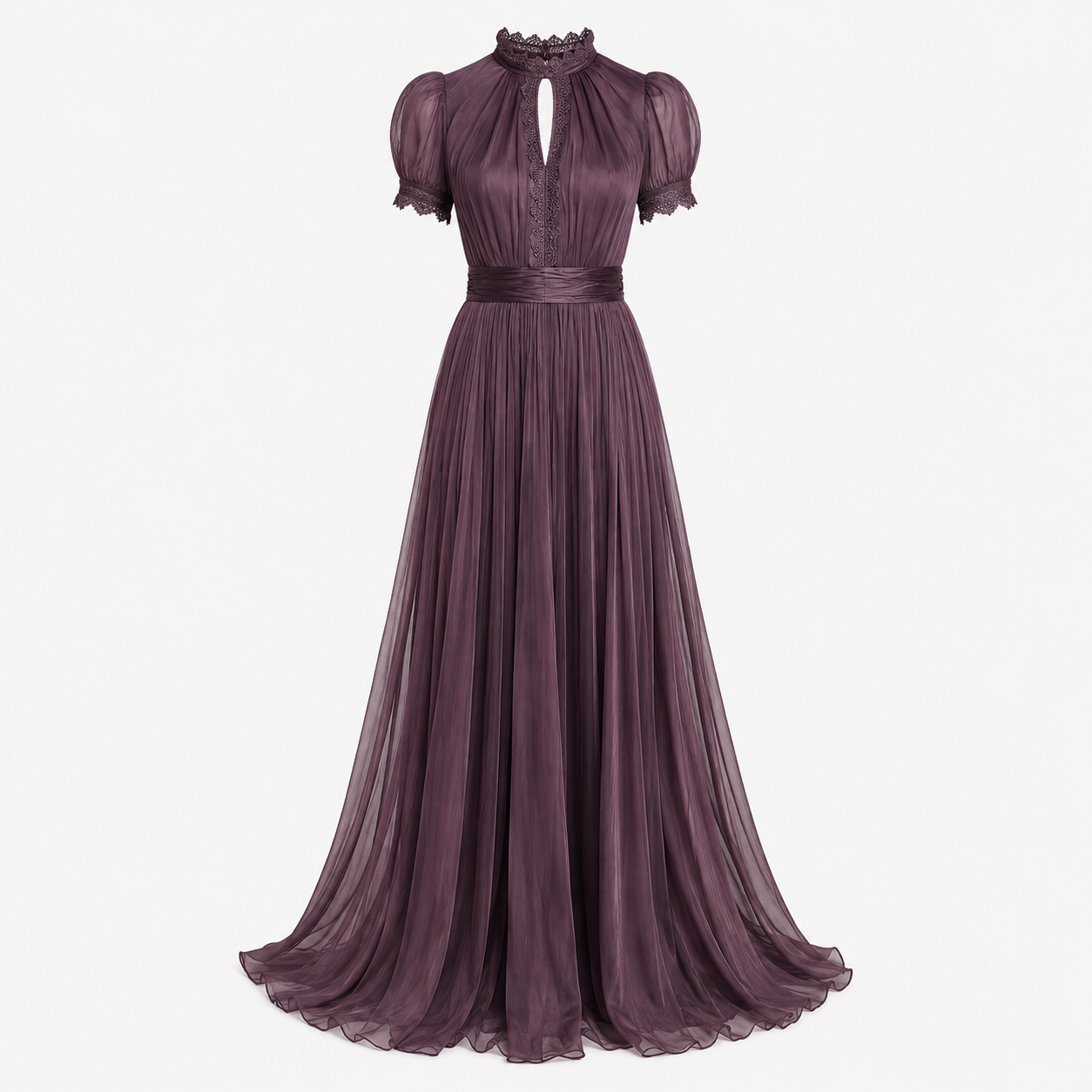 Cecily Warrington | Lace Keyhole Chiffon Maxi Dress in Dusky Plum