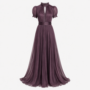 Cecily Warrington | Lace Keyhole Chiffon Maxi Dress in Dusky Plum