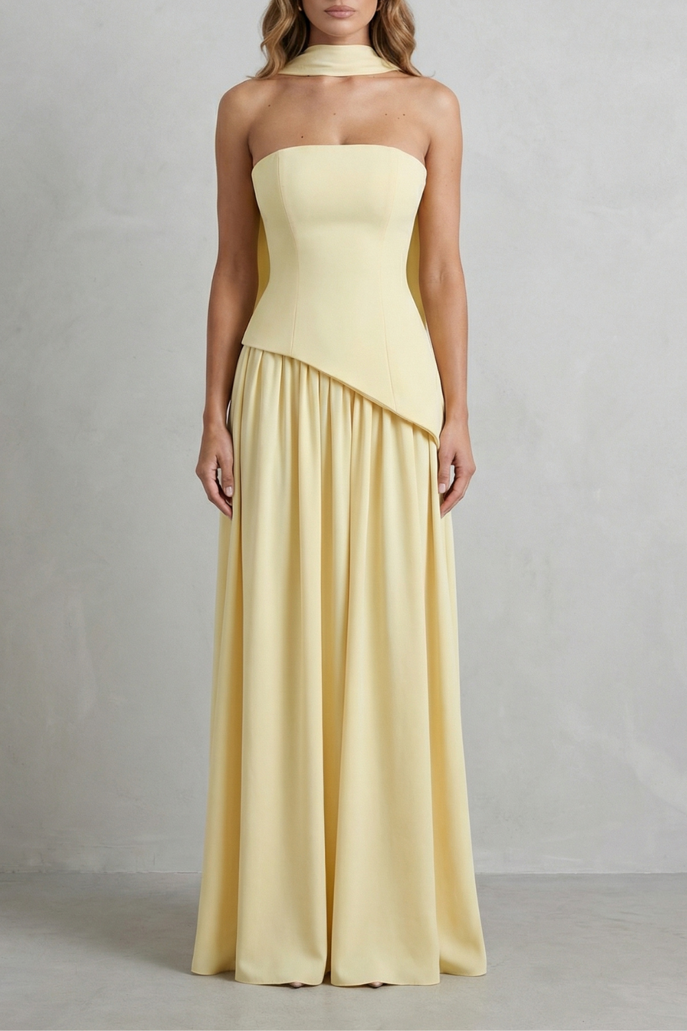 Felicia Drummond | Celestara Sculpted Strapless Maxi Dress in Butter Yellow
