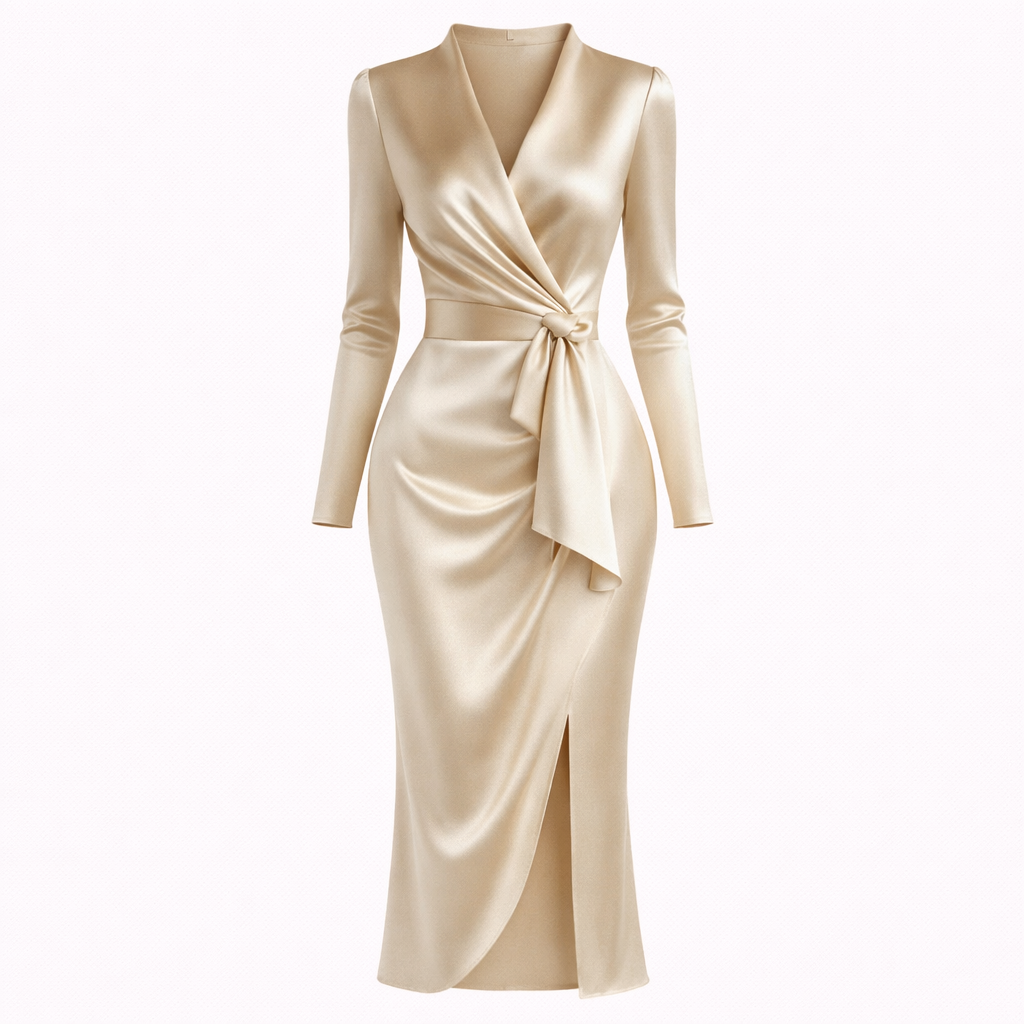 Giulia Fontane | Satin Bodycon Dress with Belt in Burgundy Red