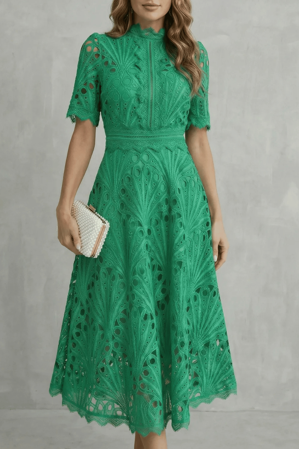 Arabella Courtney | Ornate Lace High-Neck Midi Dress in Fuchsia Pink