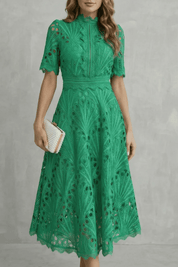 Arabella Courtney | Ornate Lace High-Neck Midi Dress in Fuchsia Pink