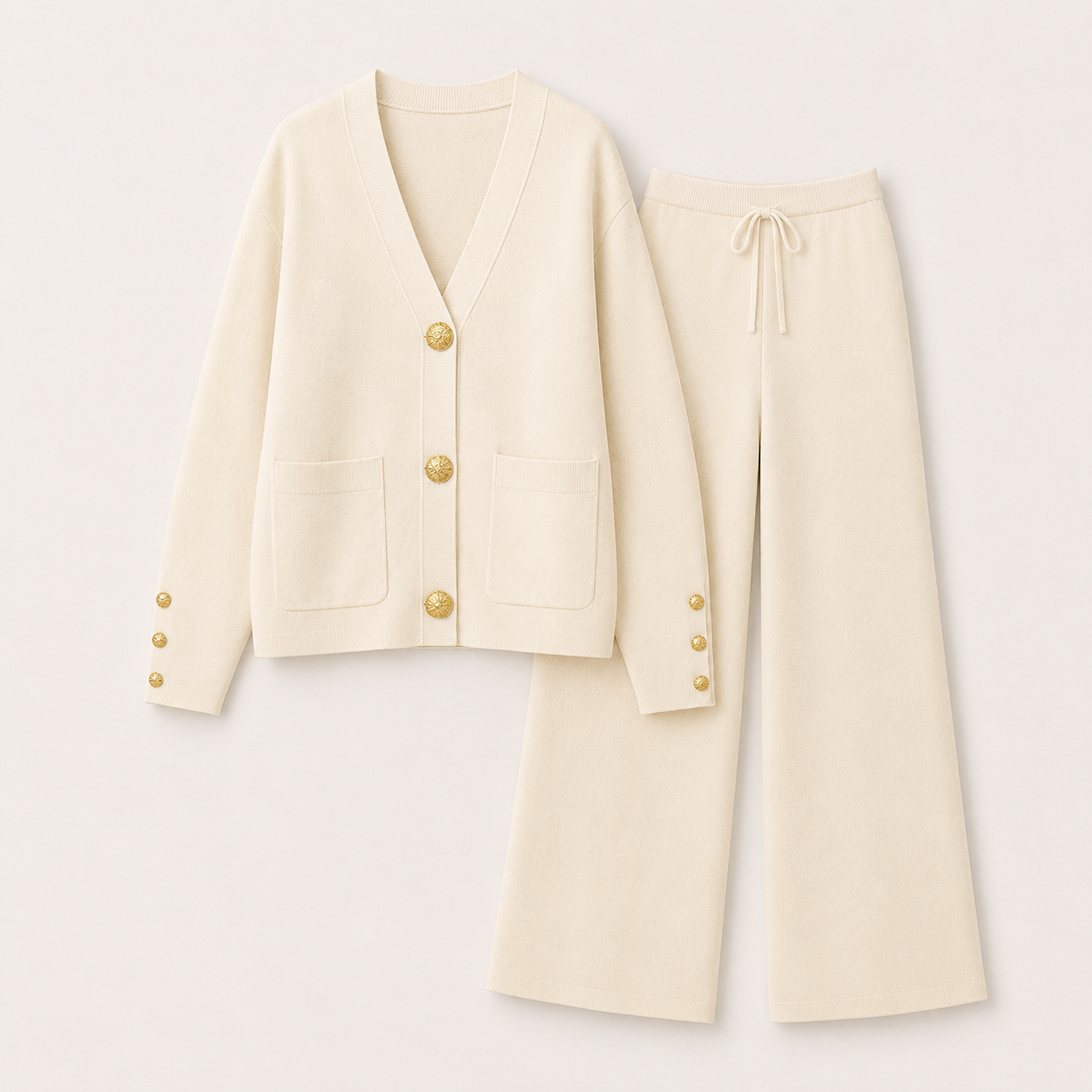 Charlotte Haines | Gold Button Lounge Set with Wide-Leg Trousers