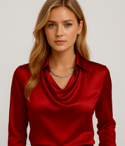 Isabella De Cortena | White Satin Blouse with Waterfall Neckline