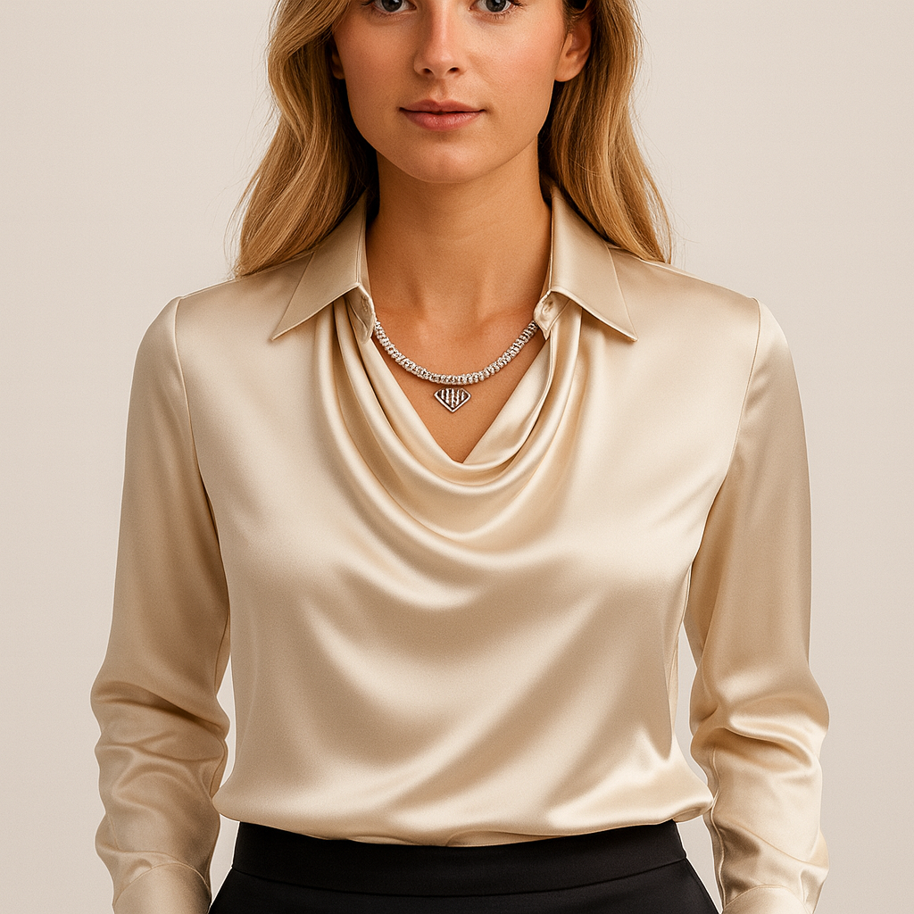 Isabella De Cortena | White Satin Blouse with Waterfall Neckline